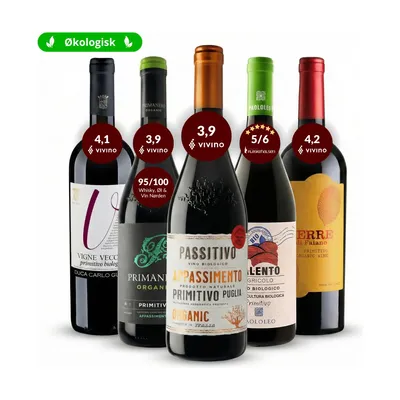 Primitivo Smagskasse - 5 økologiske rødvine fra Puglia, Italien